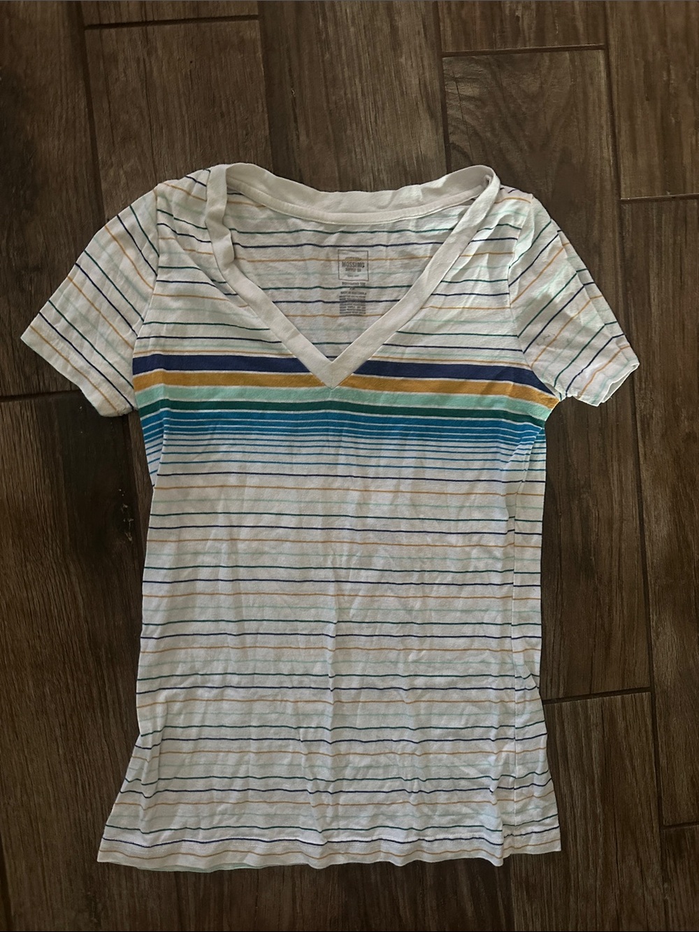 Mossimo Supply Co. White V-Neck Tee with Blue, Yellow & Green Stripes